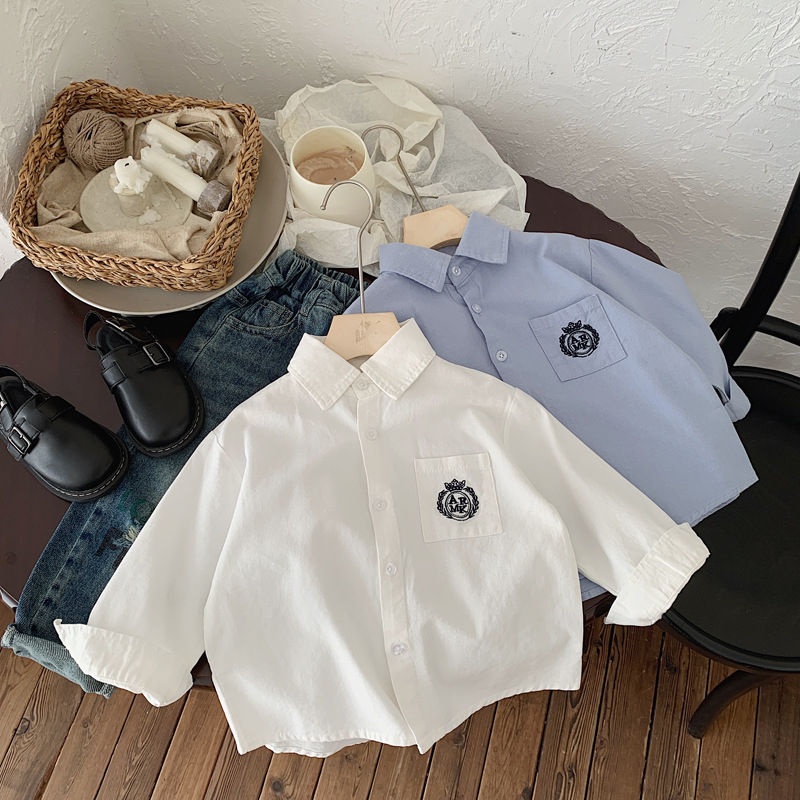 Dječja košulja za dječake, 100% pamuk, dugi rukavi, korejski stil, ovratnik lapel, našivena, uzrast 3–8 godina, jesen 2025