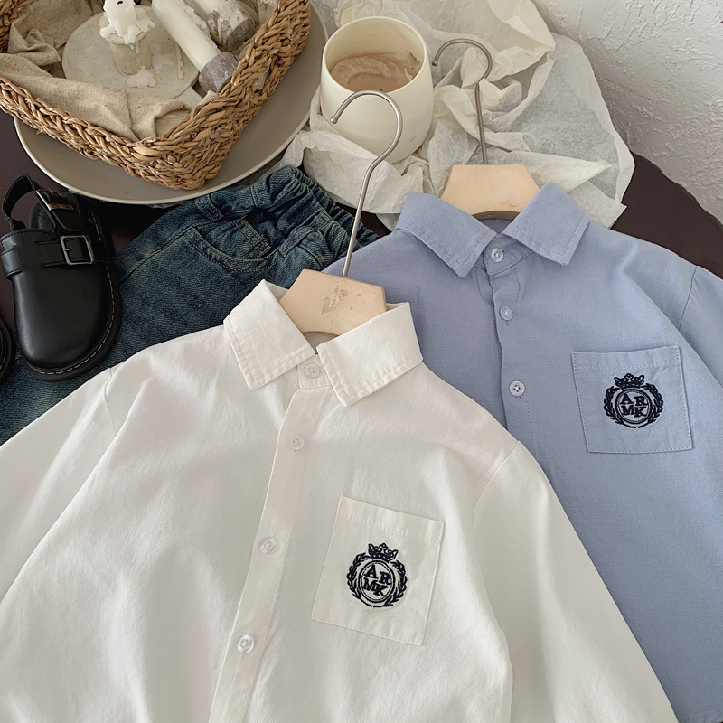 Dječja košulja za dječake, 100% pamuk, dugi rukavi, korejski stil, ovratnik lapel, našivena, uzrast 3–8 godina, jesen 2025