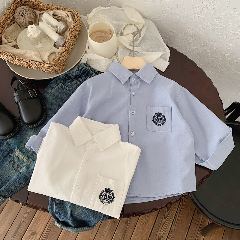 Dječja košulja za dječake, 100% pamuk, dugi rukavi, korejski stil, ovratnik lapel, našivena, uzrast 3–8 godina, jesen 2025