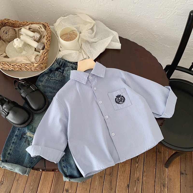 Dječja košulja za dječake, 100% pamuk, dugi rukavi, korejski stil, ovratnik lapel, našivena, uzrast 3–8 godina, jesen 2025