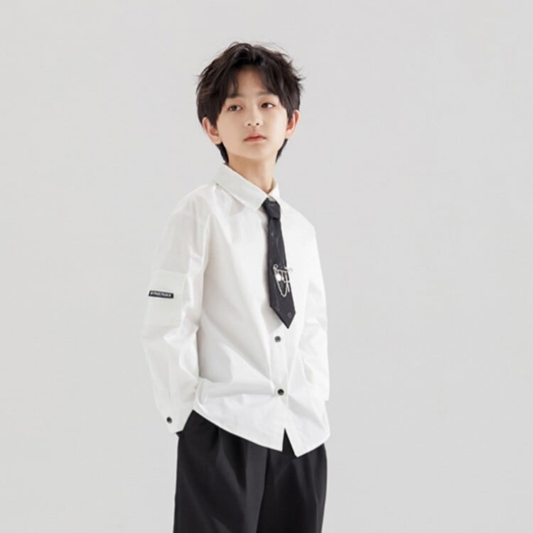 Cămașă pentru băieți cu mâneci lungi, guler tip lapel, amestec de bumbac 30%, stil preppy, pentru primăvară-toamnă