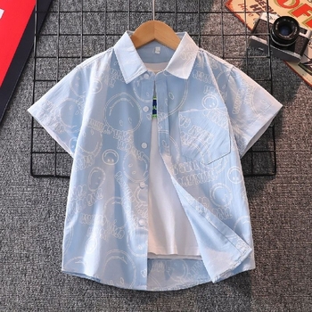 Cămașă pentru copii din bumbac, mânecă scurtă, guler rever, imprimeu cu litere, stil lejer, pentru copii 3–8 ani, primăvară-toamnă