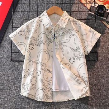 Cămașă pentru copii din bumbac, mânecă scurtă, guler rever, imprimeu cu litere, stil lejer, pentru copii 3–8 ani, primăvară-toamnă
