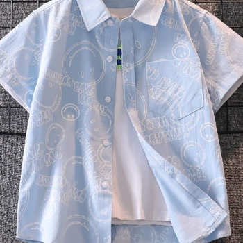 Cămașă pentru copii din bumbac, mânecă scurtă, guler rever, imprimeu cu litere, stil lejer, pentru copii 3–8 ani, primăvară-toamnă