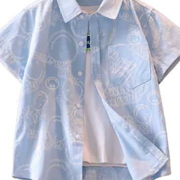 Cămașă pentru copii din bumbac, mânecă scurtă, guler rever, imprimeu cu litere, stil lejer, pentru copii 3–8 ani, primăvară-toamnă