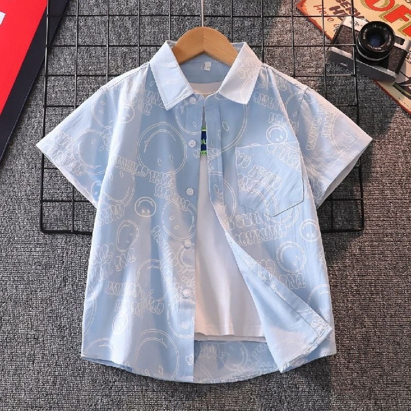 Cămașă pentru copii din bumbac, mânecă scurtă, guler rever, imprimeu cu litere, stil lejer, pentru copii 3–8 ani, primăvară-toamnă