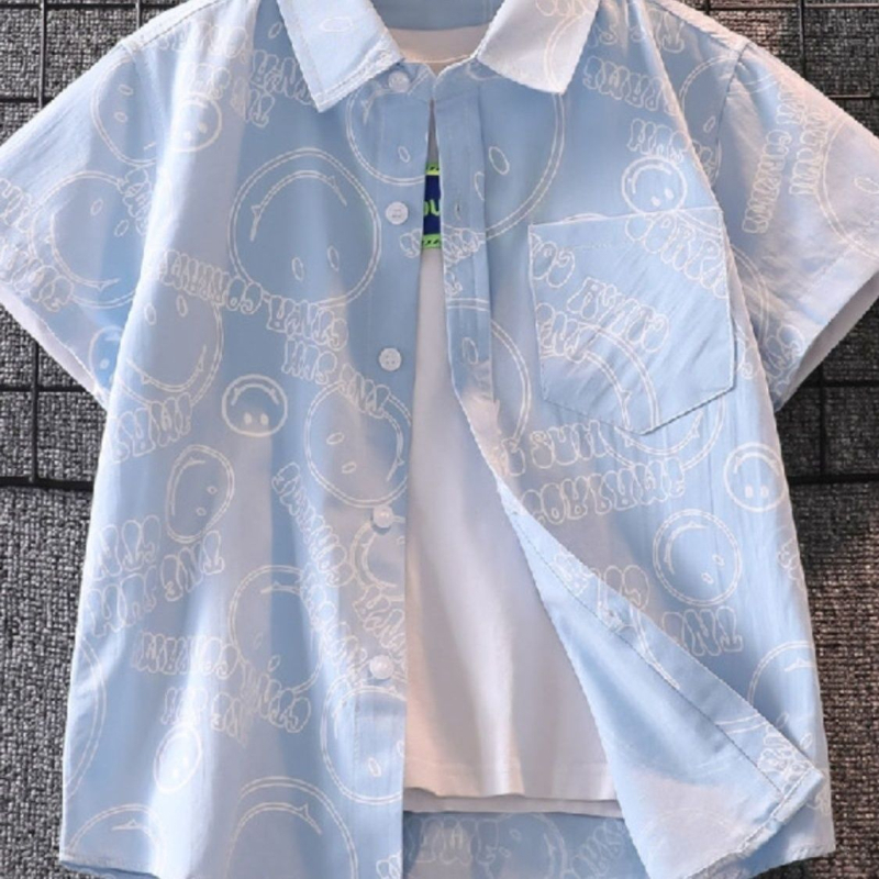 Cămașă pentru copii din bumbac, mânecă scurtă, guler rever, imprimeu cu litere, stil lejer, pentru copii 3–8 ani, primăvară-toamnă