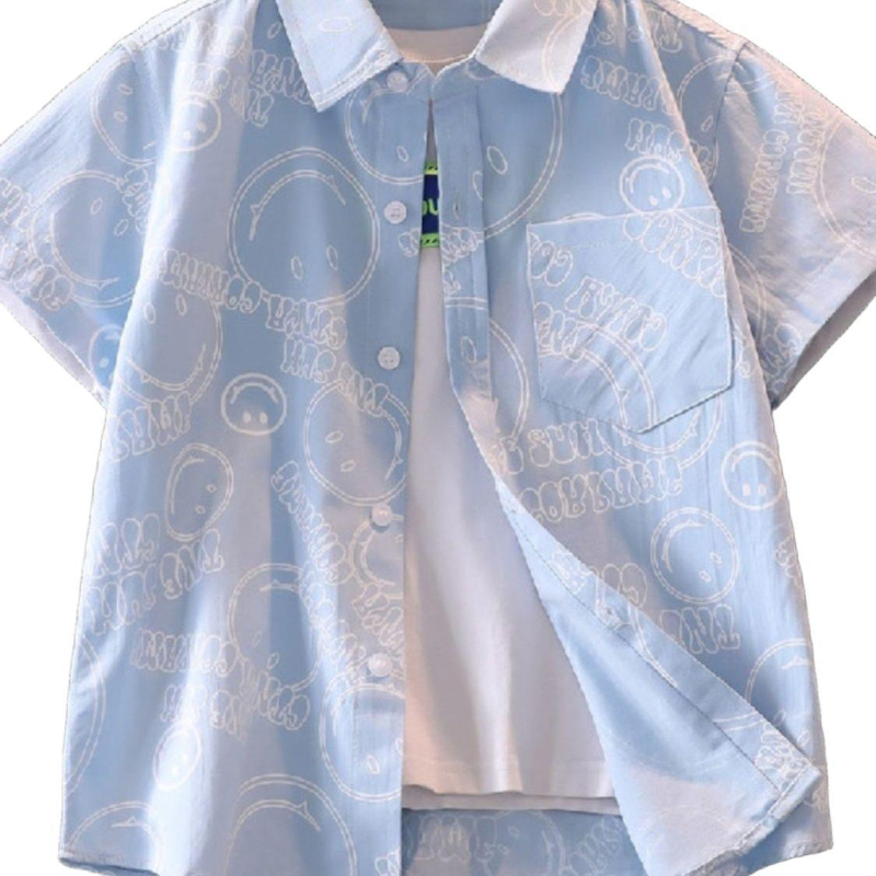 Cămașă pentru copii din bumbac, mânecă scurtă, guler rever, imprimeu cu litere, stil lejer, pentru copii 3–8 ani, primăvară-toamnă