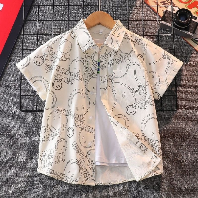 Cămașă pentru copii din bumbac, mânecă scurtă, guler rever, imprimeu cu litere, stil lejer, pentru copii 3–8 ani, primăvară-toamnă