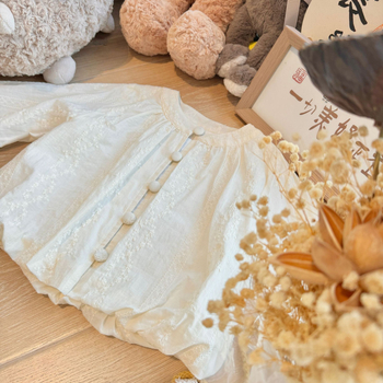 Top pentru fete în stil coreean, mâneci bufante, guler rotund, 80% bumbac