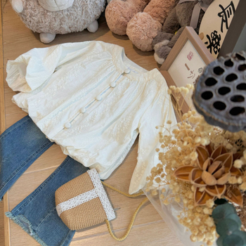 Top pentru fete în stil coreean, mâneci bufante, guler rotund, 80% bumbac