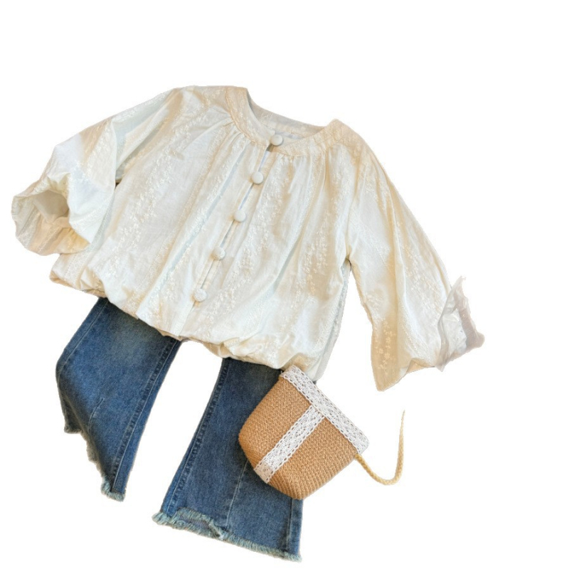 Top pentru fete în stil coreean, mâneci bufante, guler rotund, 80% bumbac