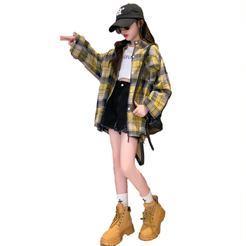 Cămașă de copii cu carouri, din bumbac, mânecă lungă, stil coreean