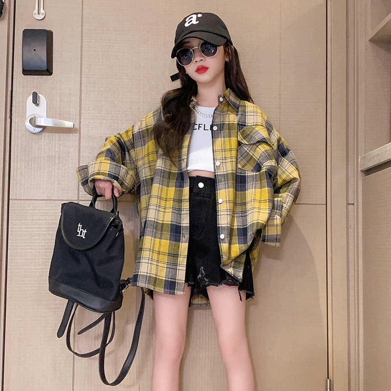 Cămașă de copii cu carouri, din bumbac, mânecă lungă, stil coreean