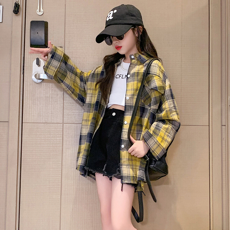 Cămașă de copii cu carouri, din bumbac, mânecă lungă, stil coreean