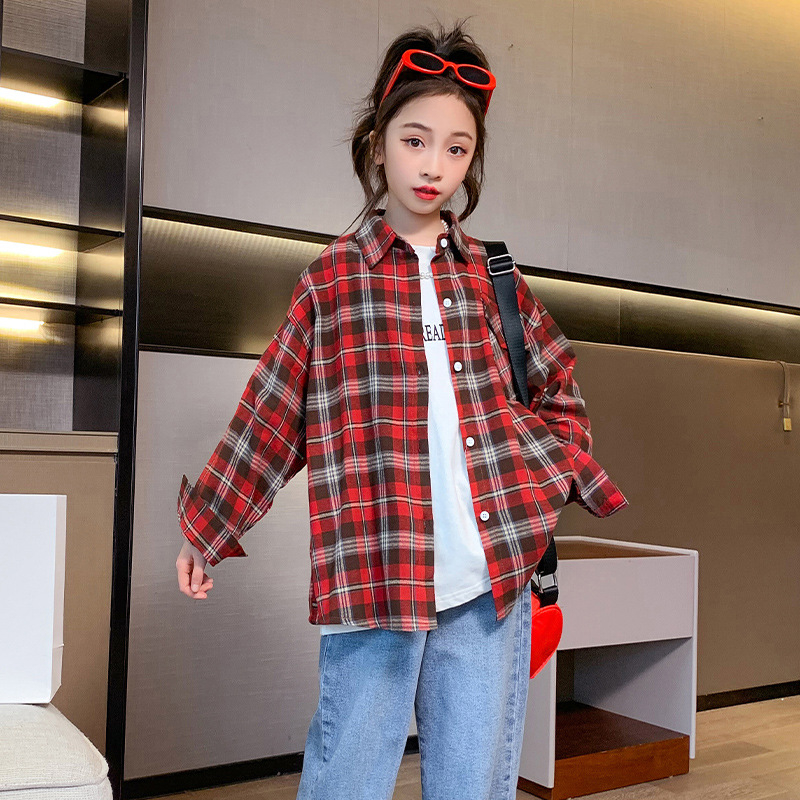 Cămașă de copii cu carouri, din bumbac, mânecă lungă, stil coreean