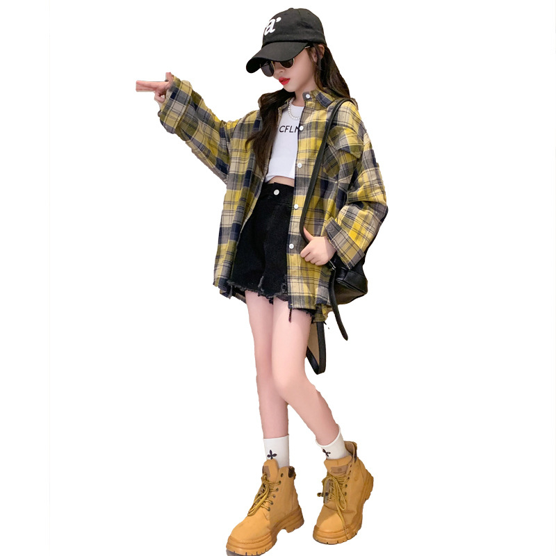 Cămașă de copii cu carouri, din bumbac, mânecă lungă, stil coreean