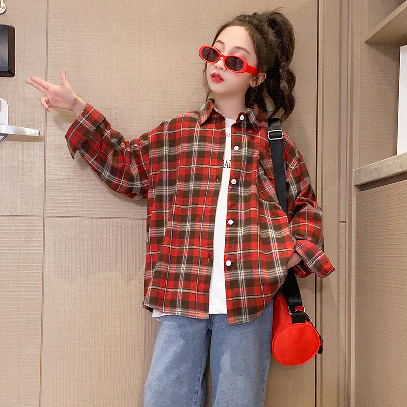 Cămașă de copii cu carouri, din bumbac, mânecă lungă, stil coreean