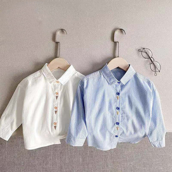 Cămașă pentru copii, stil coreean, dungi, guler rotund, mâneci lungi, bumbac