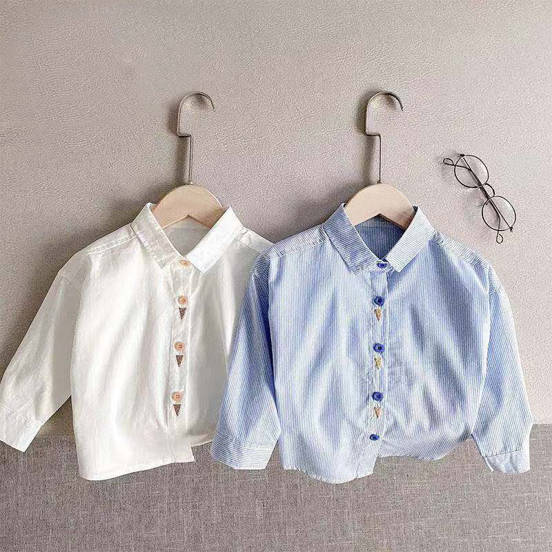 Cămașă pentru copii, stil coreean, dungi, guler rotund, mâneci lungi, bumbac