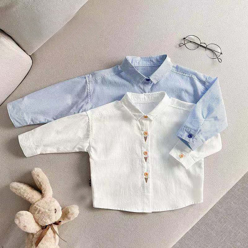 Cămașă pentru copii, stil coreean, dungi, guler rotund, mâneci lungi, bumbac