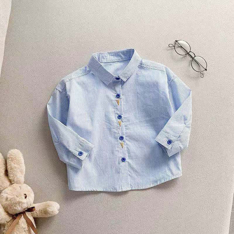 Cămașă pentru copii, stil coreean, dungi, guler rotund, mâneci lungi, bumbac