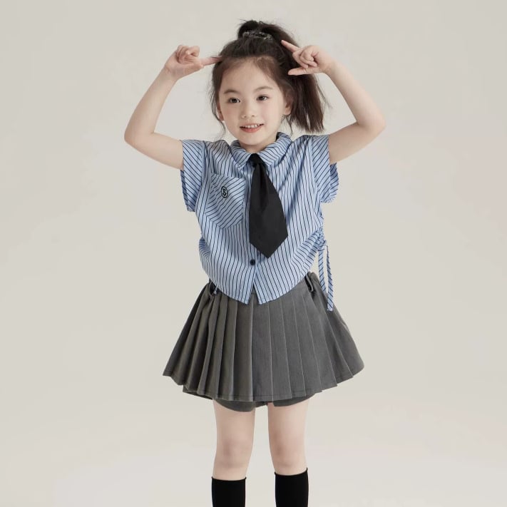 Cămașă pentru copii, stil colegiu, model în dungi, mâneci scurte, pentru nou-născuți