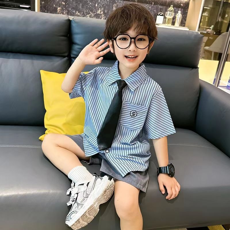 Cămașă pentru copii, stil colegiu, model în dungi, mâneci scurte, pentru nou-născuți