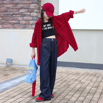 Lányoknak készült koreai stílusú pamuting, hosszú ujjú, álló gallér, rácsmintás, 95% pamut