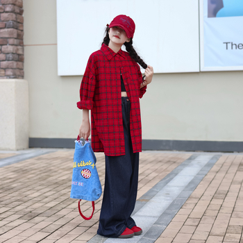 Lányoknak készült koreai stílusú pamuting, hosszú ujjú, álló gallér, rácsmintás, 95% pamut