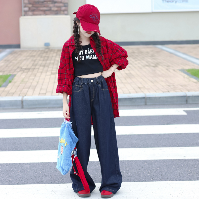 Lányoknak készült koreai stílusú pamuting, hosszú ujjú, álló gallér, rácsmintás, 95% pamut