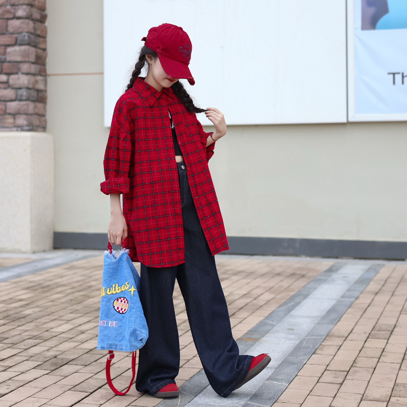 Lányoknak készült koreai stílusú pamuting, hosszú ujjú, álló gallér, rácsmintás, 95% pamut