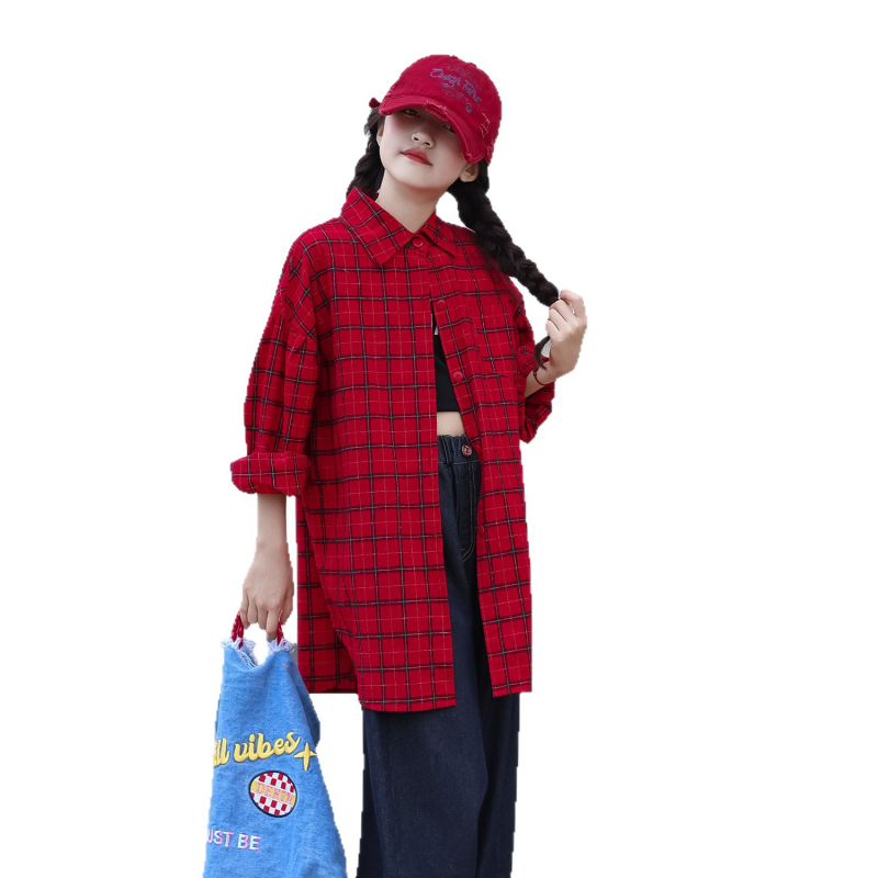 Lányoknak készült koreai stílusú pamuting, hosszú ujjú, álló gallér, rácsmintás, 95% pamut