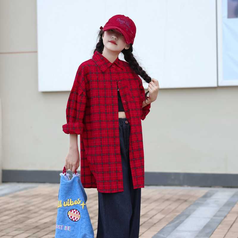 Lányoknak készült koreai stílusú pamuting, hosszú ujjú, álló gallér, rácsmintás, 95% pamut