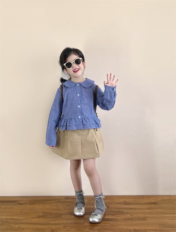 Cămașă pentru copii, stil coreean, guler rever, 100% bumbac, model carouri