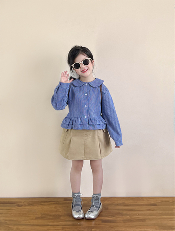 Cămașă pentru copii, stil coreean, guler rever, 100% bumbac, model carouri