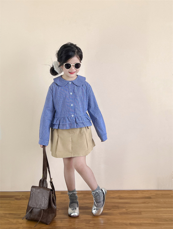 Cămașă pentru copii, stil coreean, guler rever, 100% bumbac, model carouri