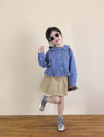 Cămașă pentru copii, stil coreean, guler rever, 100% bumbac, model carouri