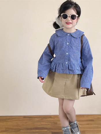 Cămașă pentru copii, stil coreean, guler rever, 100% bumbac, model carouri