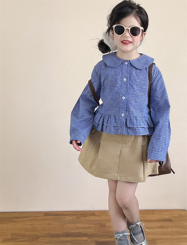 Cămașă pentru copii, stil coreean, guler rever, 100% bumbac, model carouri