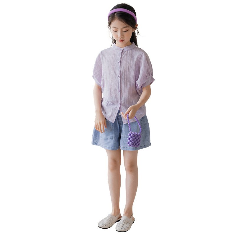Dječja košulja za djevojčice u korejskom stilu, kratki rukav, stoje ovratnik, jacquard uzorak, 95% pamuk