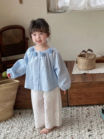 Gyerekeknek szóló tavaszi Mori stílusú ing camellia virággal, kerek nyakú, hosszú ujjú, 80% pamut, Childish