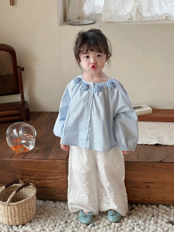 Gyerekeknek szóló tavaszi Mori stílusú ing camellia virággal, kerek nyakú, hosszú ujjú, 80% pamut, Childish