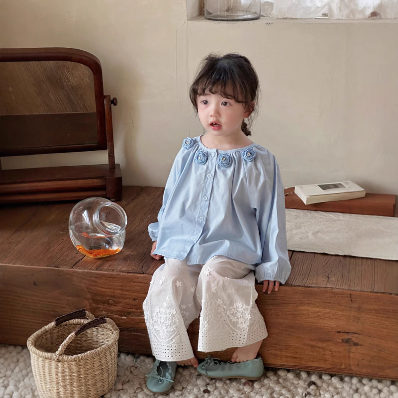 Gyerekeknek szóló tavaszi Mori stílusú ing camellia virággal, kerek nyakú, hosszú ujjú, 80% pamut, Childish