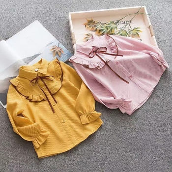 Cămașă pentru fetițe cu căptușeală fleece, stil coreean, dungată, mâneci lungi