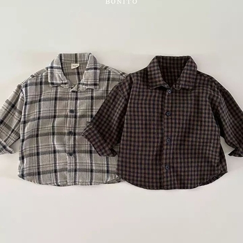 Dječja košulja u korejskom stilu, karirani uzorak, ovratnik tip lapel, 85% pamuka