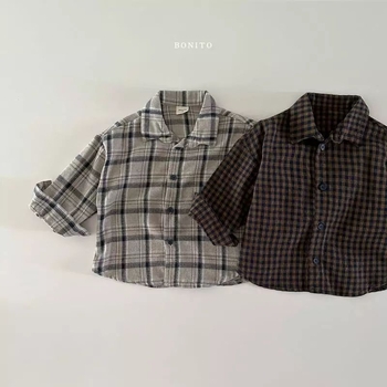 Dječja košulja u korejskom stilu, karirani uzorak, ovratnik tip lapel, 85% pamuka