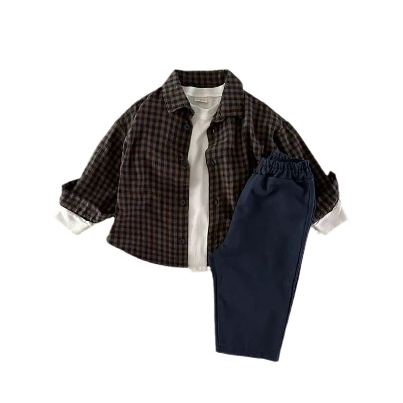 Dječja košulja u korejskom stilu, karirani uzorak, ovratnik tip lapel, 85% pamuka