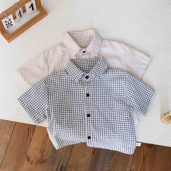 Fiúknak készült rövid ujjú kockásing, nyárra, koreai stílus, gallér, puha kezelt anyag, 95% pamut