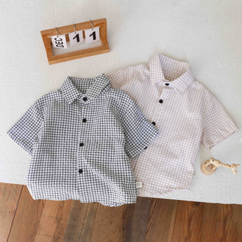 Fiúknak készült rövid ujjú kockásing, nyárra, koreai stílus, gallér, puha kezelt anyag, 95% pamut